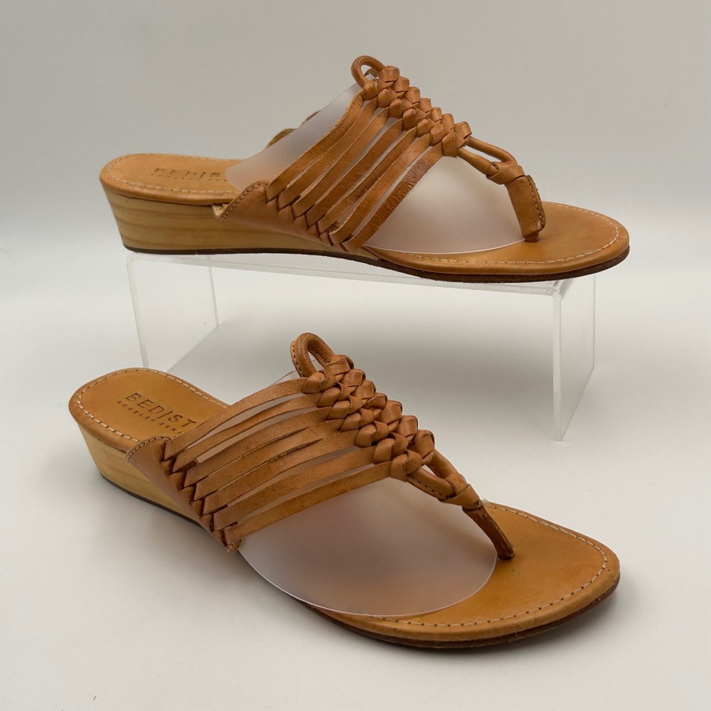 Bed Stu Tan Braided Leather Wedge Thong Sandals